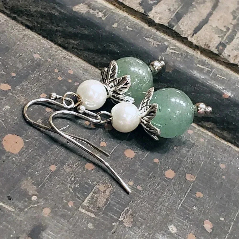 Handcrafted Malaysia Jade Gemstone White Faux Pearl Silver Dangle Earrings - Picture 4 of 9